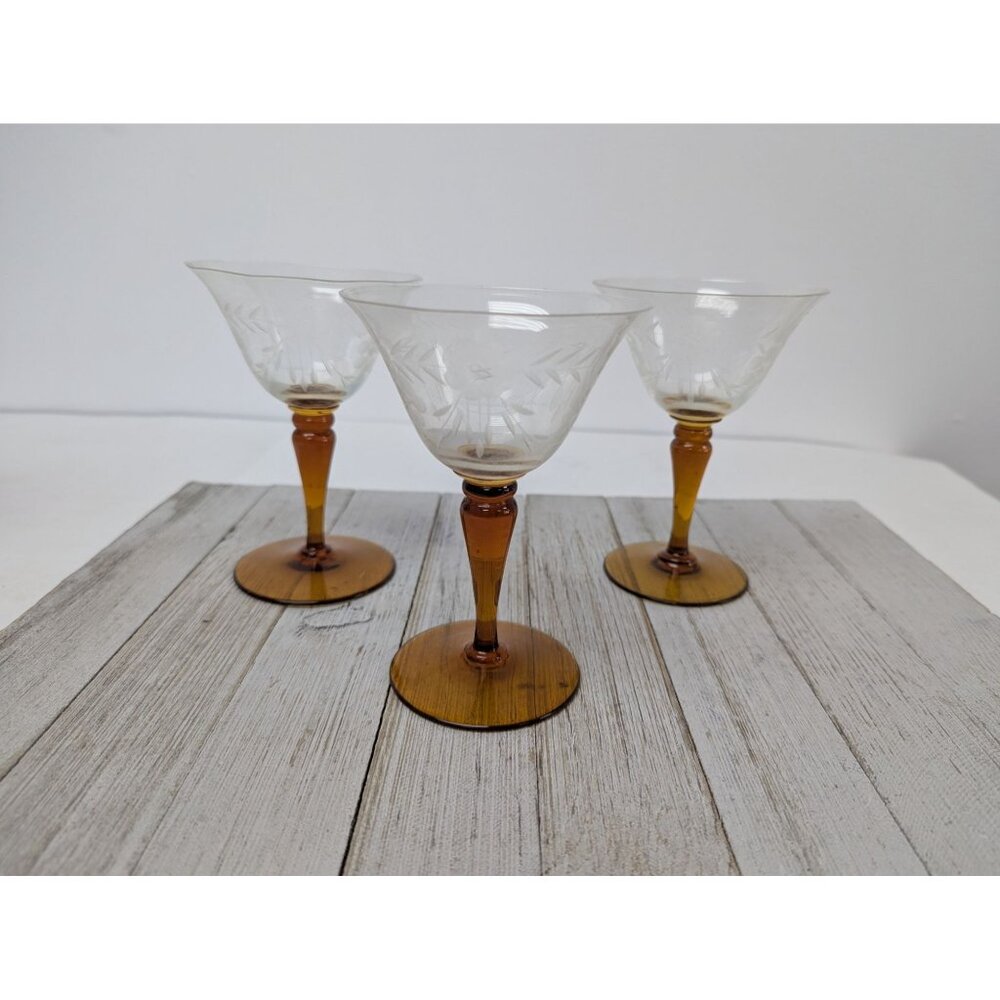 Vintage 5 1/4" Juice Cordial Cocktail Glasses Set Of 3 Amber Stem Floral Ivy